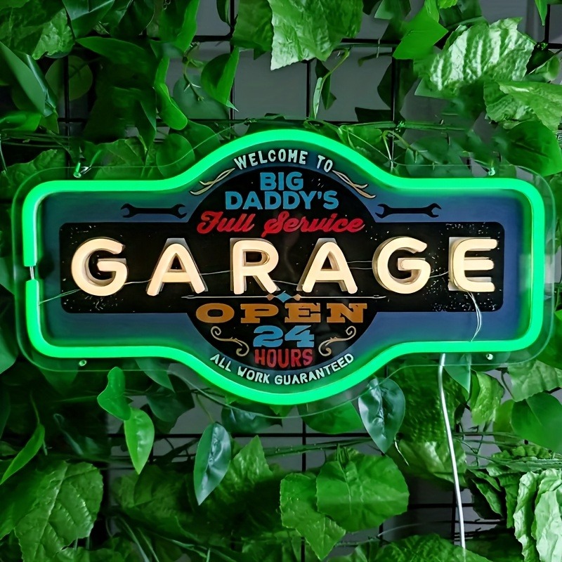 Garage Lighting Decor - レトロガレージLEDネオンサインUVプリントグリーンウォールアートUSB電源装飾ライト、ガレージ、バー、ゲームルームのシーン装飾用