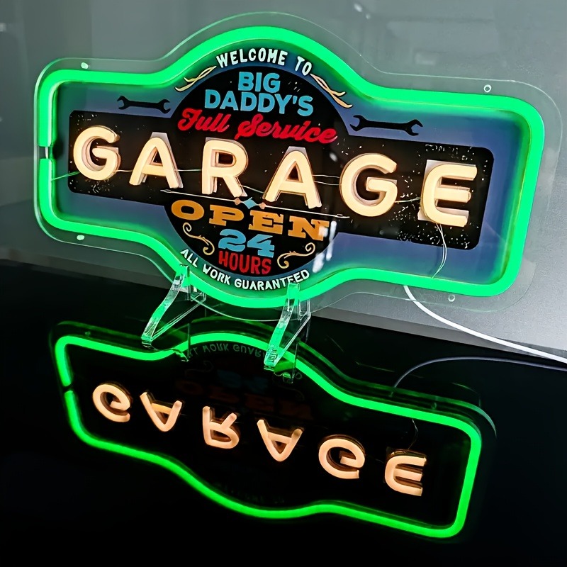 レトロガレージLEDネオンサインUVプリントグリーンウォール - Garage Lighting Decor のレビューと価格