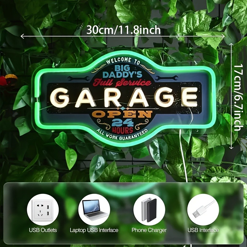 レトロガレージLEDネオンサインUVプリントグリーンウォール - Garage Lighting Decor のレビューと価格